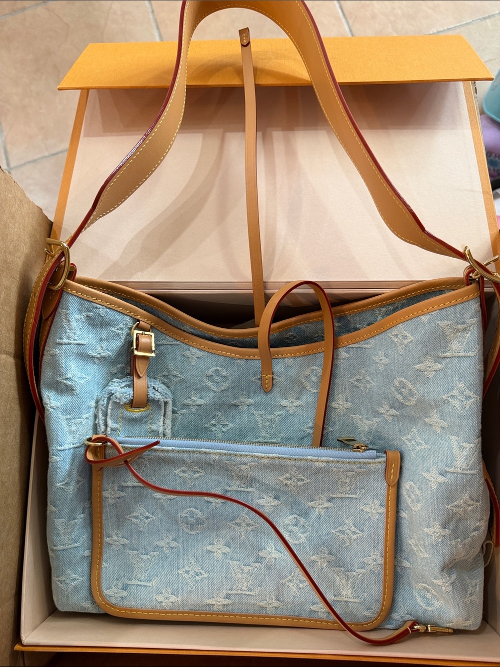Louis Vuitton Denim Monogram Tote in Light Blue with Tan Trim
